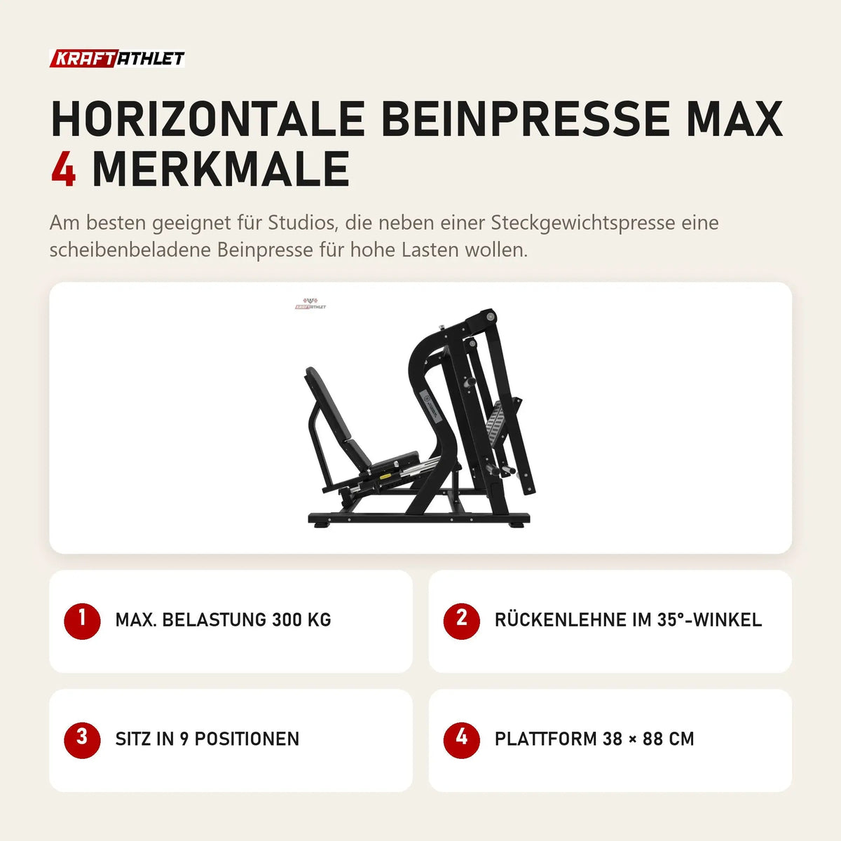 Titanium Strength Horizontale Beinpresse Max mit 4 Merkmalen: Max. Belastung 300 kg, Rückenlehne im 35°-Winkel, Sitz in 9 Positionen, Plattform 38 × 88 cm