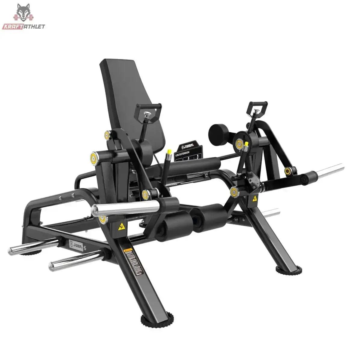 Titanium Strength Genesis Series IsoLateral Beinstrecker in Schrägansicht mit Rückenlehne und Beinpolstern