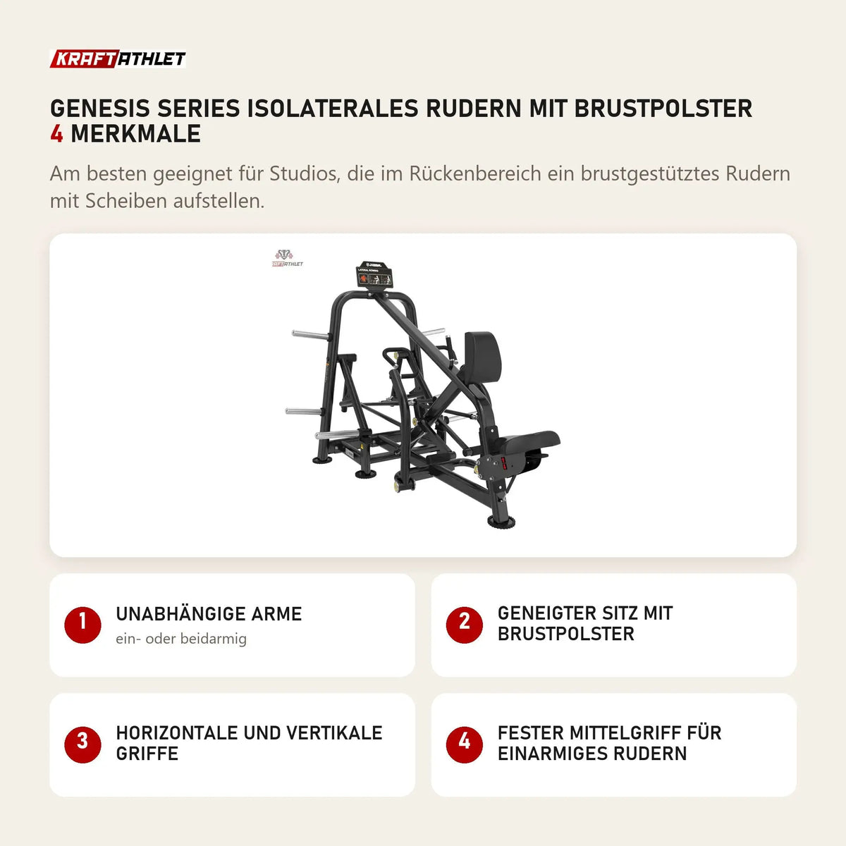 Titanium Strength Genesis Series IsoLaterales Rudern mit Brustpolster mit 4 Merkmalen: Unabhängige Arme, Geneigter Sitz mit Brustpolster, Horizontale und vertikale Griffe, Fester Mittelgriff für einarmiges Rudern
