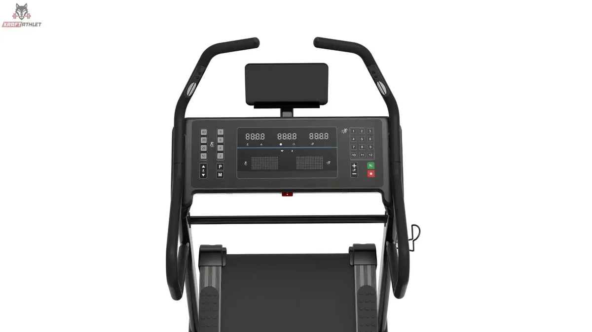 Titanium Strength IT25 Laufband mit Steigung – Detail der Konsole mit Tasten und Handläufen von vorn
