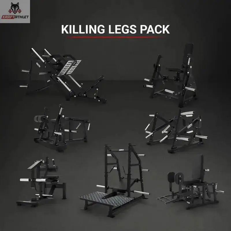 Titanium Strength Killing Legs Pack, Übersicht aller Beingeräte des Pakets vor dunklem Hintergrund