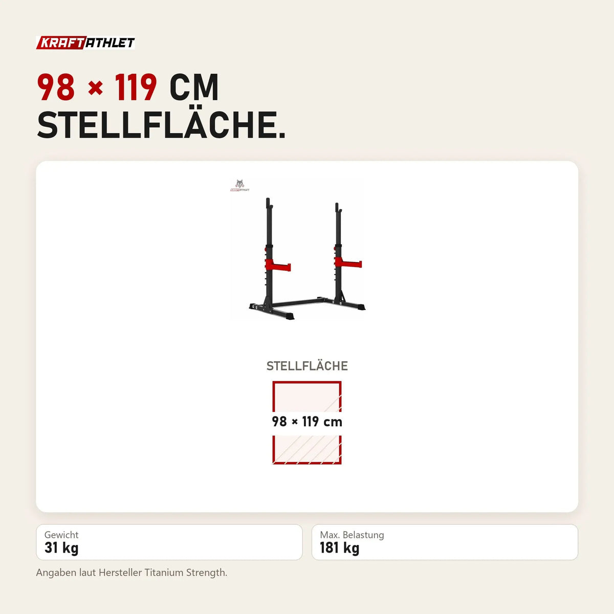 Maßbild Titanium Strength Kniebeugenständer RS20: Stellfläche 98 × 119 cm