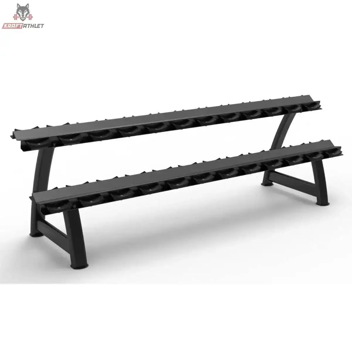 Titanium Strength Kurzhantel-Rack mit Gummiauflagen 2 Ebenen für 12 Paare: schwarzes Rack mit zwei Ablagen, Schrägansicht von links