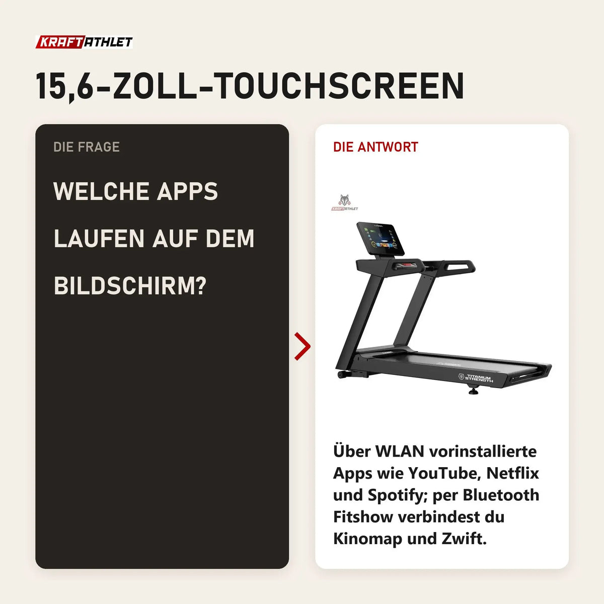 Frage und Antwort zu Titanium Strength LC20 AC Laufband mit 15,6-Zoll-Touchscreen: Welche Apps laufen auf dem Bildschirm?