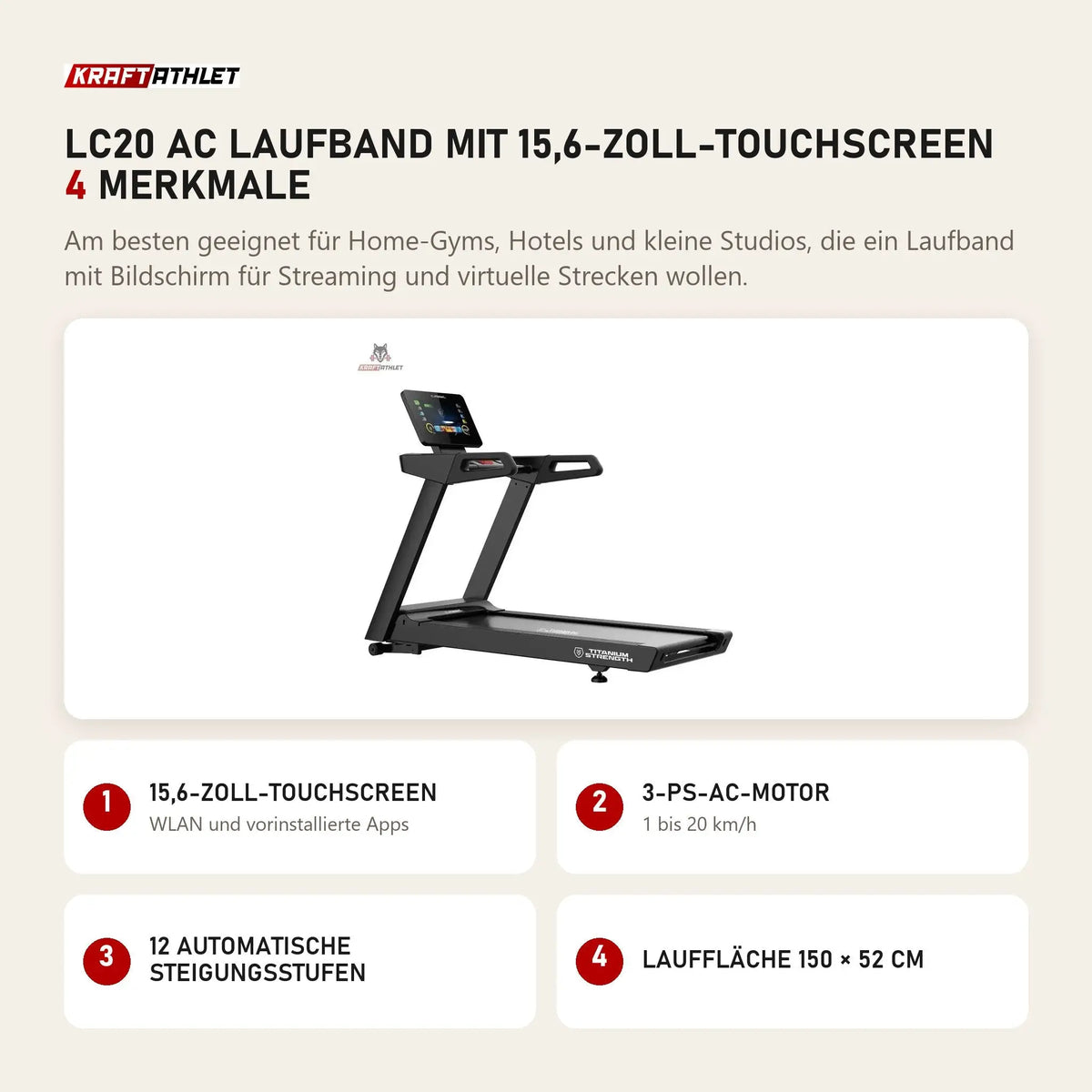 Titanium Strength LC20 AC Laufband mit 15,6-Zoll-Touchscreen mit 4 Merkmalen: 15,6-Zoll-Touchscreen, 3-PS-AC-Motor, 12 automatische Steigungsstufen, Lauffläche 150 × 52 cm