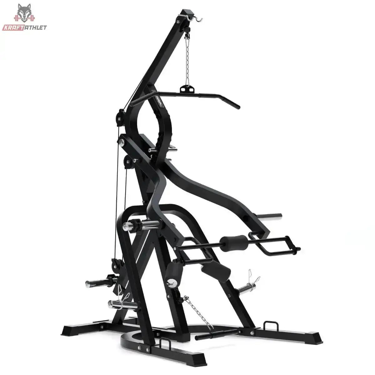 Titanium Strength LGS Multigym Doppelhebel + Seilzugtrainer in der Seitenansicht links mit Latzugturm und Hebelarmen