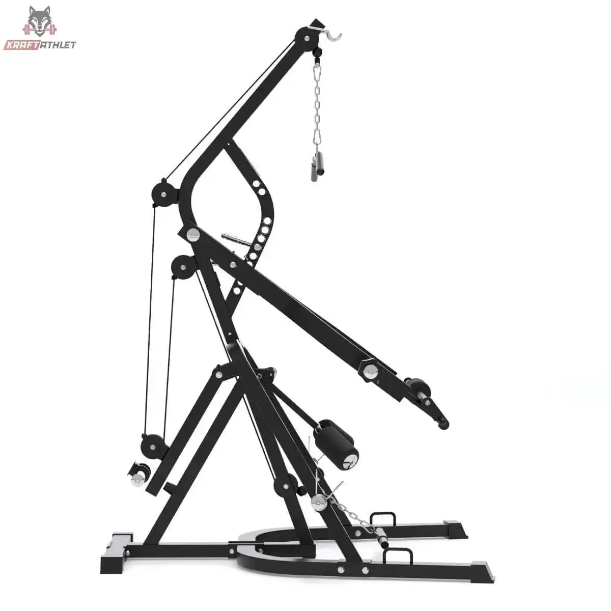 Titanium Strength LGS Multigym Doppelhebel + Seilzugtrainer in der Seitenansicht mit Kabelführung, Umlenkrollen und Bodenrahmen