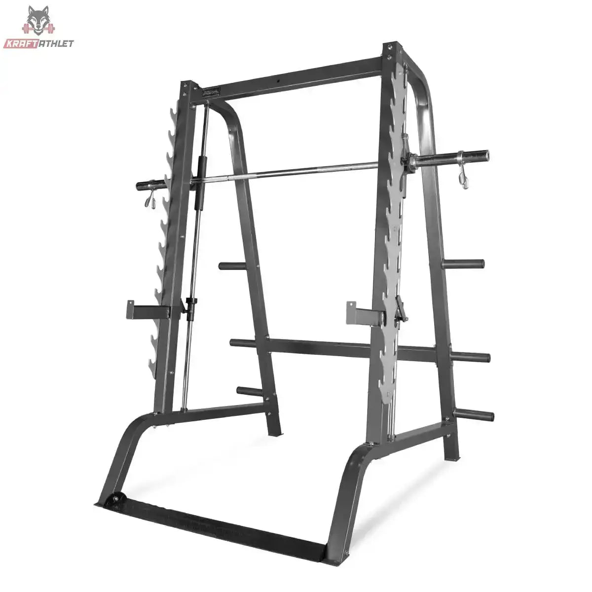 Titanium Strength Linearlager Smith Maschine 160SC in Schrägansicht von links mit Führungsstange und Ablagen