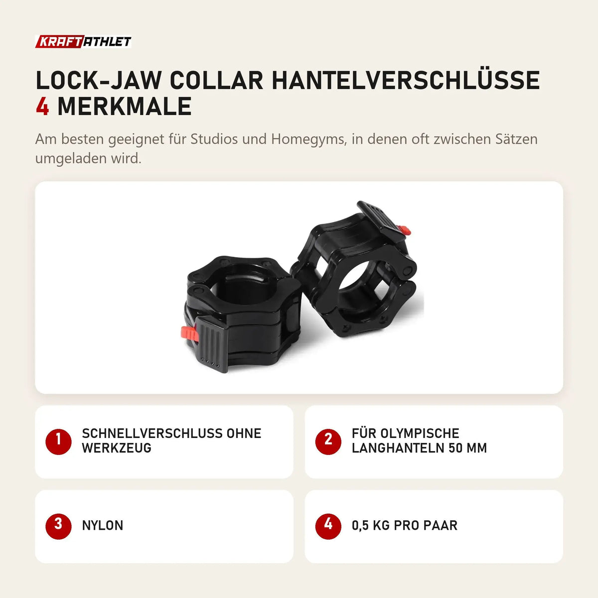 Titanium Strength Lock-Jaw Collar Hantelverschlüsse mit 4 Merkmalen: Schnellverschluss ohne Werkzeug, Für olympische Langhanteln 50 mm, Nylon, 0,5 kg pro Paar