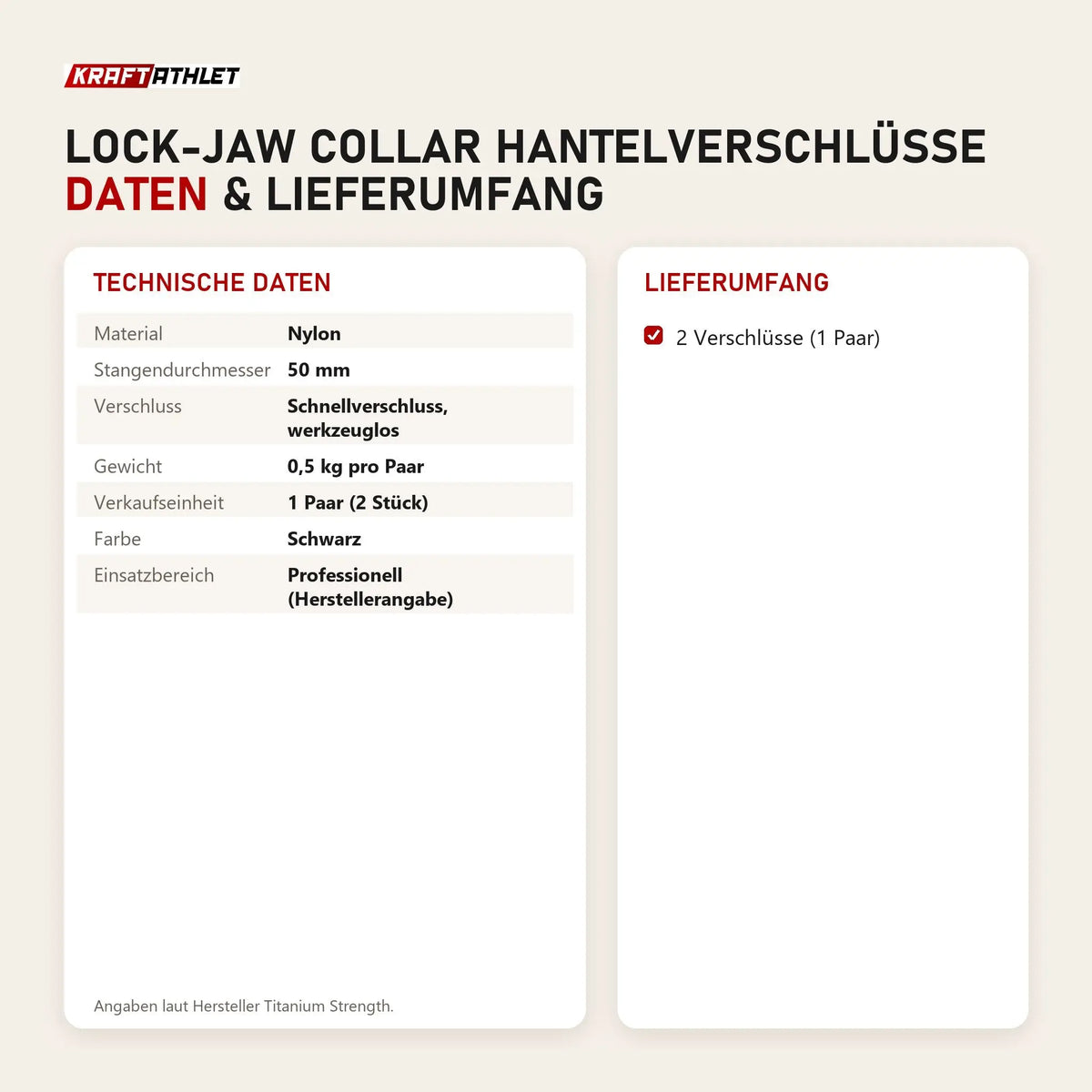 Technische Daten und Lieferumfang von Titanium Strength Lock-Jaw Collar Hantelverschlüsse als Tabelle