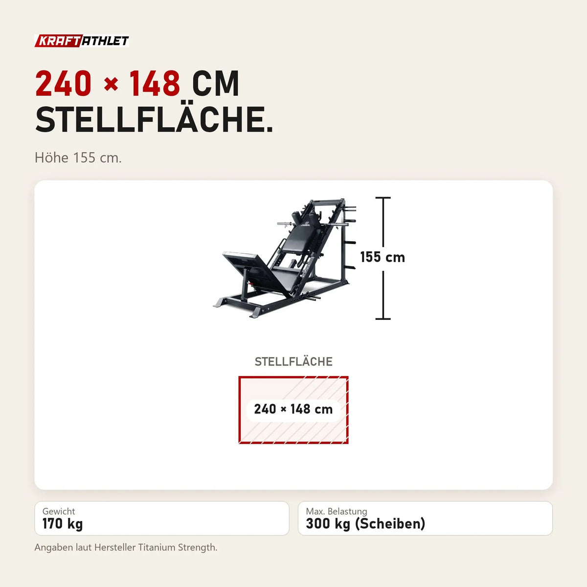 Maßbild Titanium Strength LP300 Monster Leg Press / Hack Squat: Stellfläche 240 × 148 cm, Höhe 155 cm