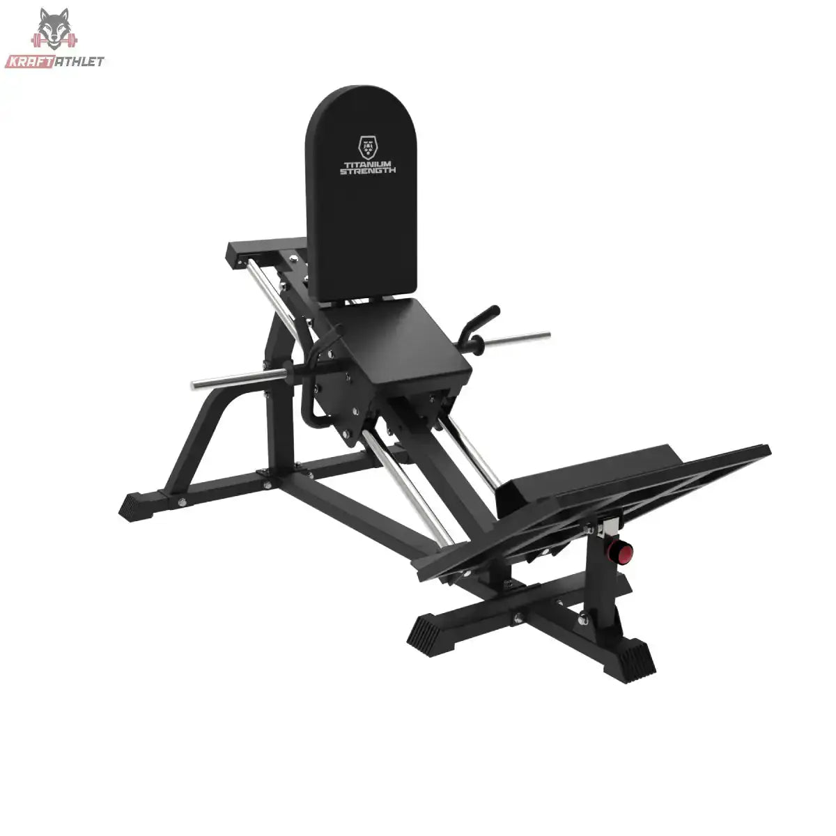 Titanium Strength LPC Stehende Beinpresse und Wadenheben 2 in 1 in Schrägansicht von vorn mit Rückenpolster und Fußplatte