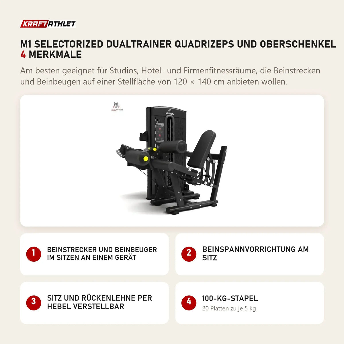 Titanium Strength M1 Selectorized Dualtrainer Quadrizeps und Oberschenkel mit 4 Merkmalen: Beinstrecker und Beinbeuger im Sitzen an einem Gerät, Beinspannvorrichtung am Sitz, Sitz und Rückenlehne per Hebel verstellbar, 100-kg-Stapel