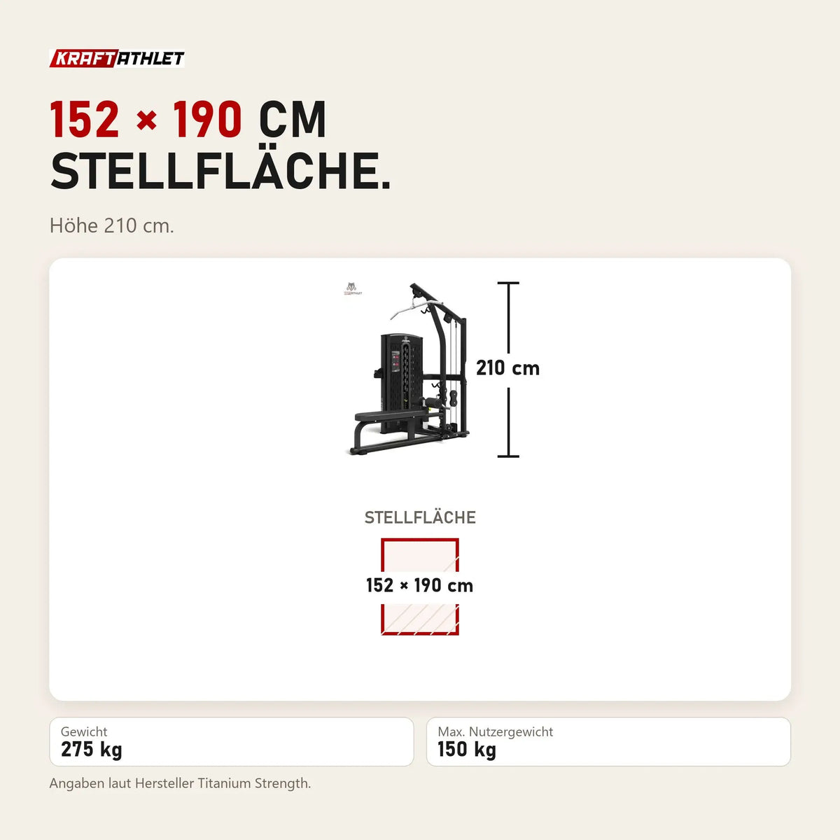 Maßbild Titanium Strength M6 Selectorized Dualtrainer High Pulley und Rudern: Stellfläche 152 × 190 cm, Höhe 210 cm