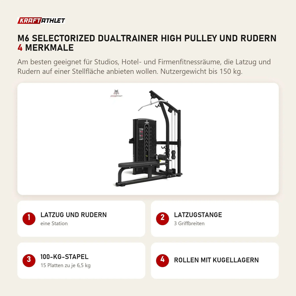 Titanium Strength M6 Selectorized Dualtrainer High Pulley und Rudern mit 4 Merkmalen: Latzug und Rudern, Latzugstange, 100-kg-Stapel, Rollen mit Kugellagern