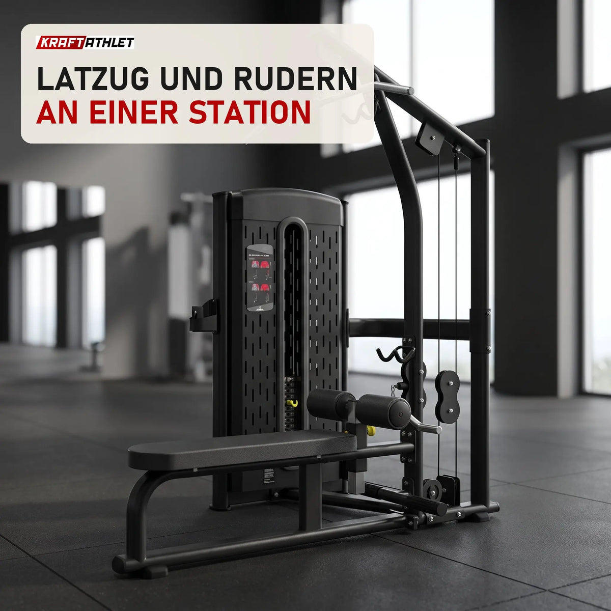 Titanium Strength M6 Selectorized Dualtrainer High Pulley und Rudern in einem fertig eingerichteten Studio mit dunklen Wänden und Gummiboden