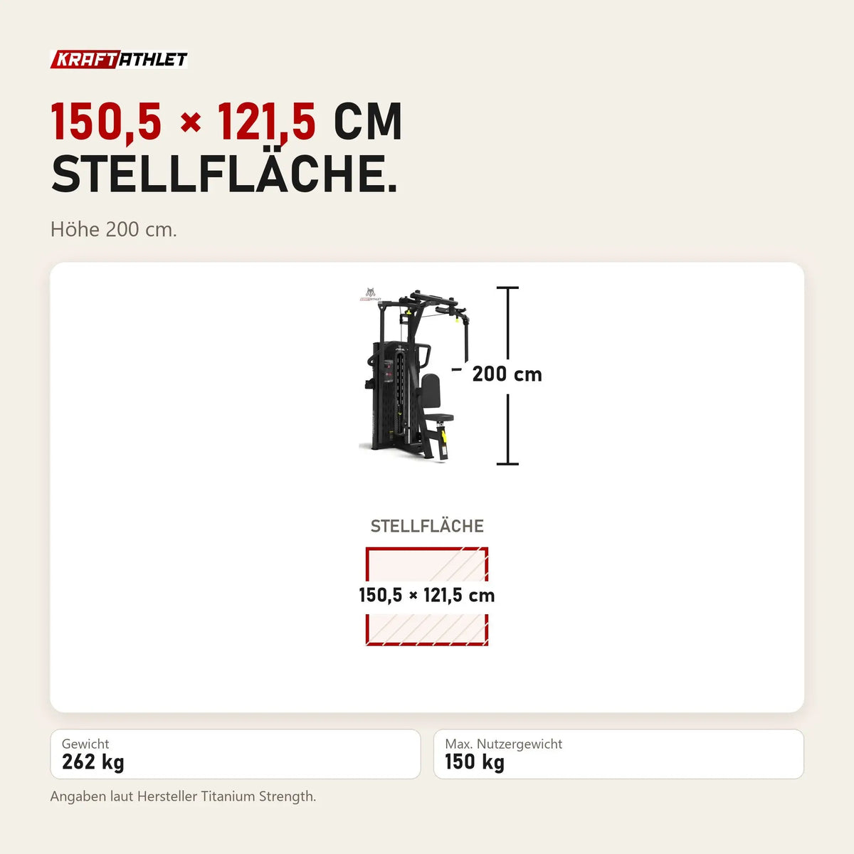 Maßbild Titanium Strength M7 Selectorized Dualtrainer Fly und Delts: Stellfläche 150,5 × 121,5 cm, Höhe 200 cm
