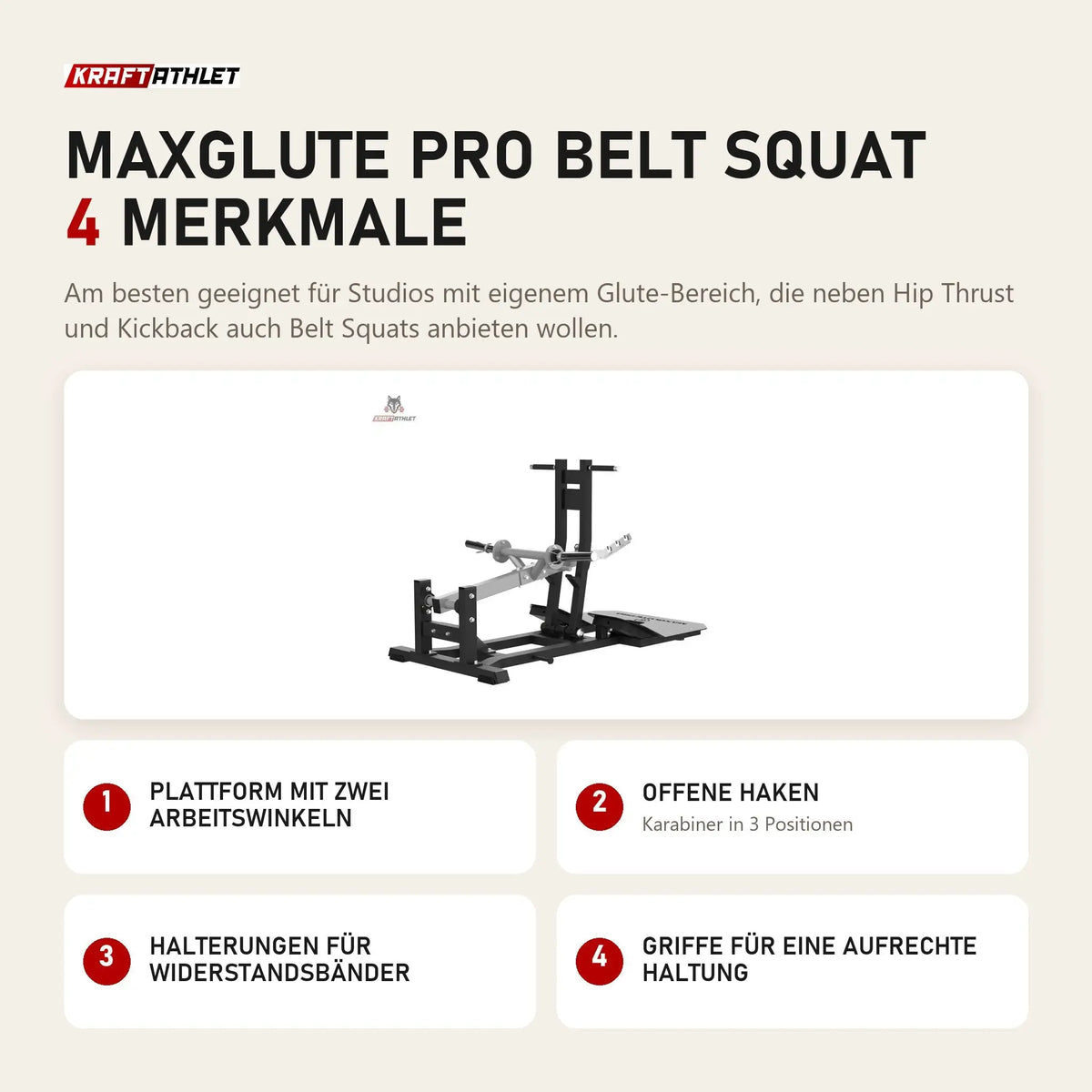 Titanium Strength MaxGlute Pro Belt Squat mit 4 Merkmalen: Plattform mit zwei Arbeitswinkeln, Offene Haken, Halterungen für Widerstandsbänder, Griffe für eine aufrechte Haltung
