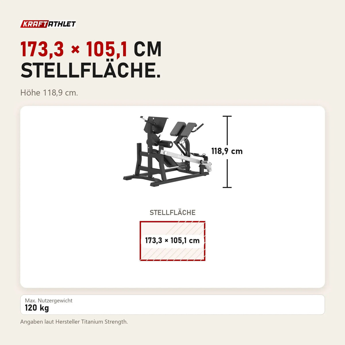 Maßbild Titanium Strength MaxGlute Pro Duale Lendenwirbel-Hyperextension: Stellfläche 173,3 × 105,1 cm, Höhe 118,9 cm