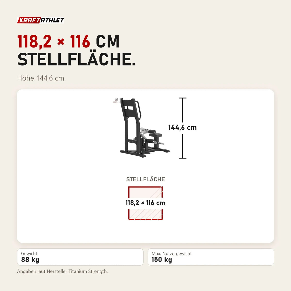Maßbild Titanium Strength MaxGlute Pro Hip Thrust im Stehen: Stellfläche 118,2 × 116 cm, Höhe 144,6 cm