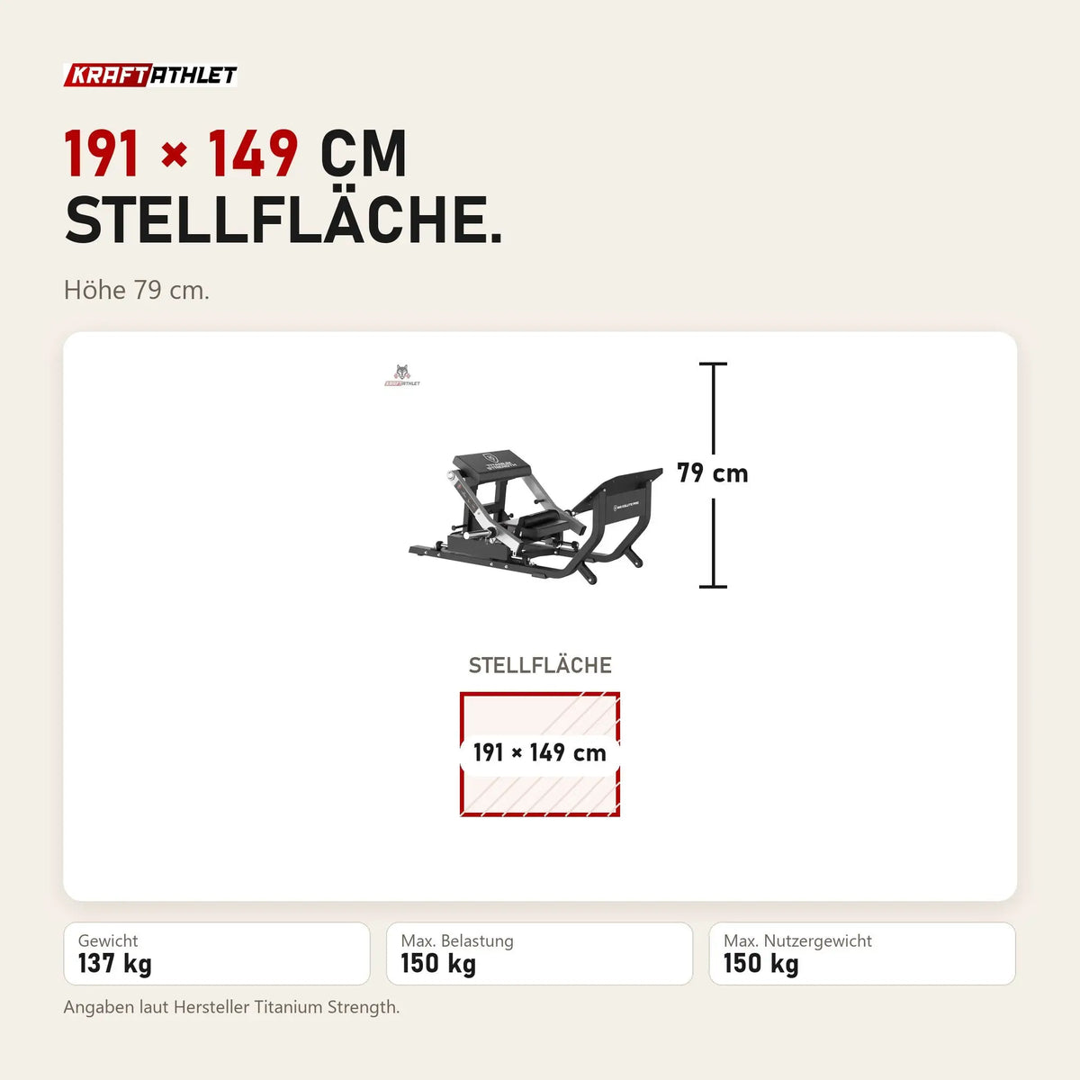 Maßbild Titanium Strength MaxGlute Pro Hip Thrust Maschine: Stellfläche 191 × 149 cm, Höhe 79 cm