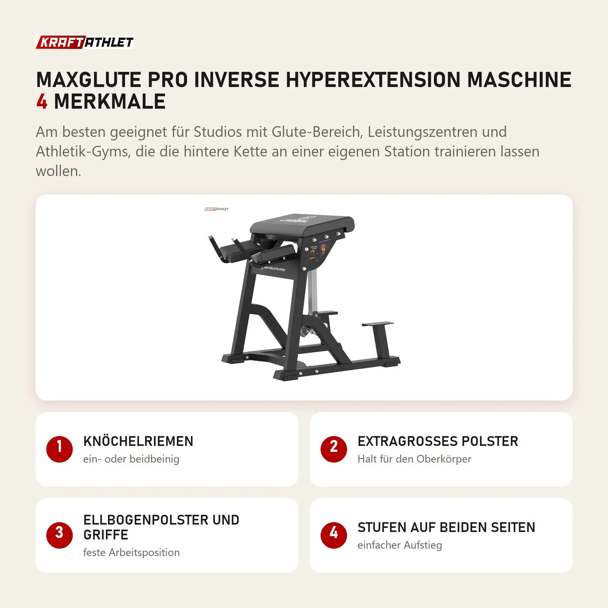 Titanium Strength MaxGlute Pro Inverse Hyperextension Maschine mit 4 Merkmalen: Knöchelriemen, Extragroßes Polster, Ellbogenpolster und Griffe, Stufen auf beiden Seiten