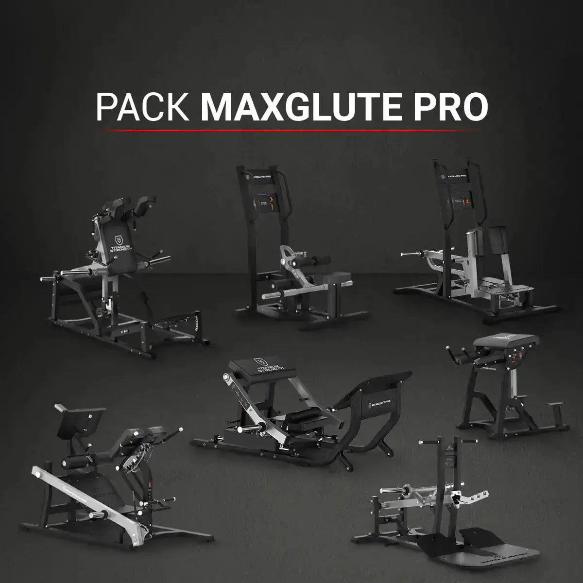 Titanium Strength MaxGlute Pro Pack, Übersicht aller Geräte des Pakets auf dunklem Hintergrund