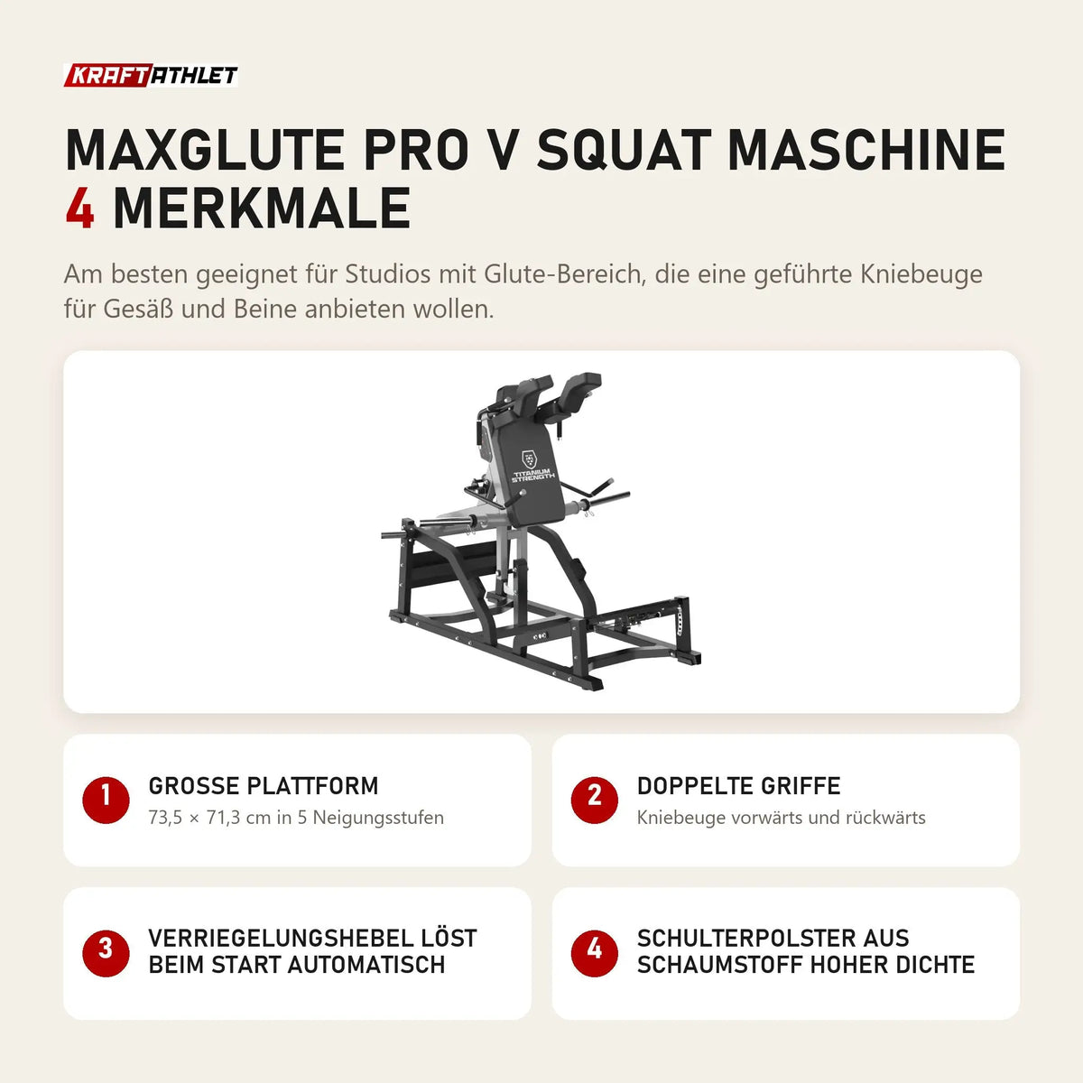 Titanium Strength MaxGlute Pro V Squat Maschine mit 4 Merkmalen: Große Plattform, Doppelte Griffe, Verriegelungshebel löst beim Start automatisch, Schulterpolster aus Schaumstoff hoher Dichte
