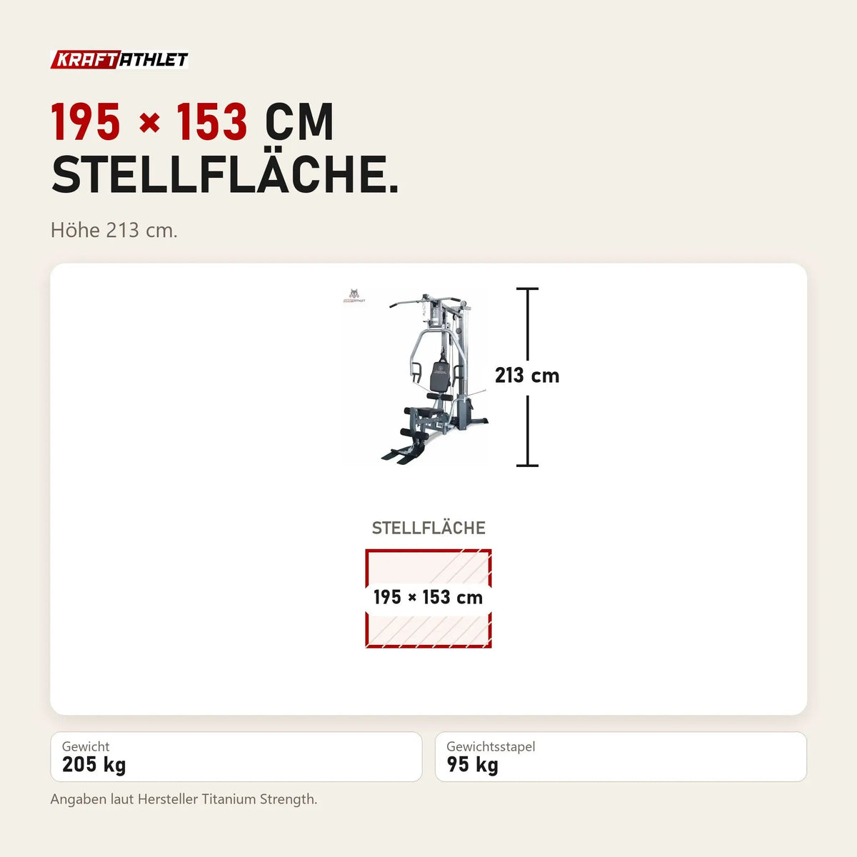 Maßbild Titanium Strength Multi-Gym MG1: Stellfläche 195 × 153 cm, Höhe 213 cm