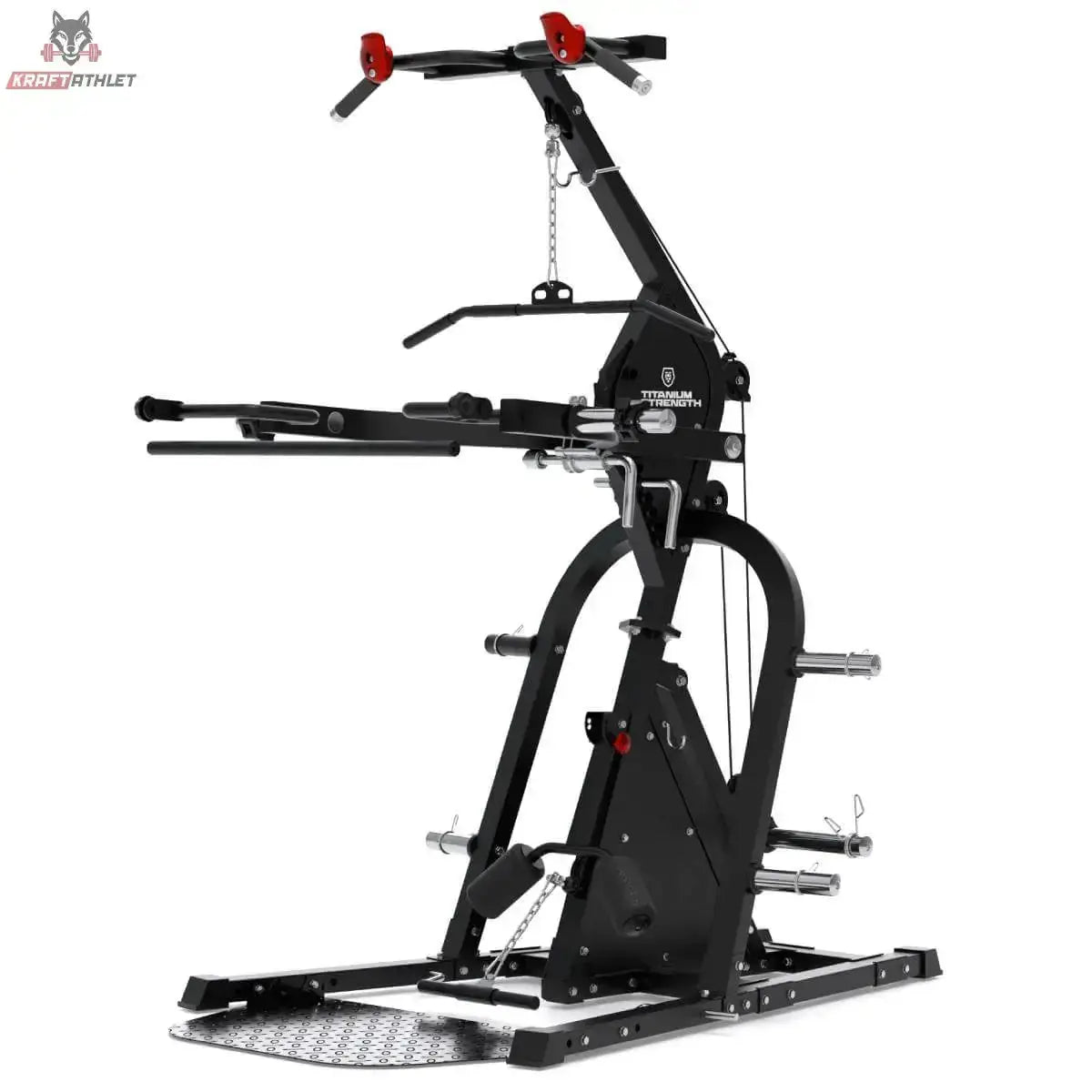Titanium Strength Multigym Hebel LGX – Schrägansicht von links mit ausgeklappten Brustpresse-Hebeln