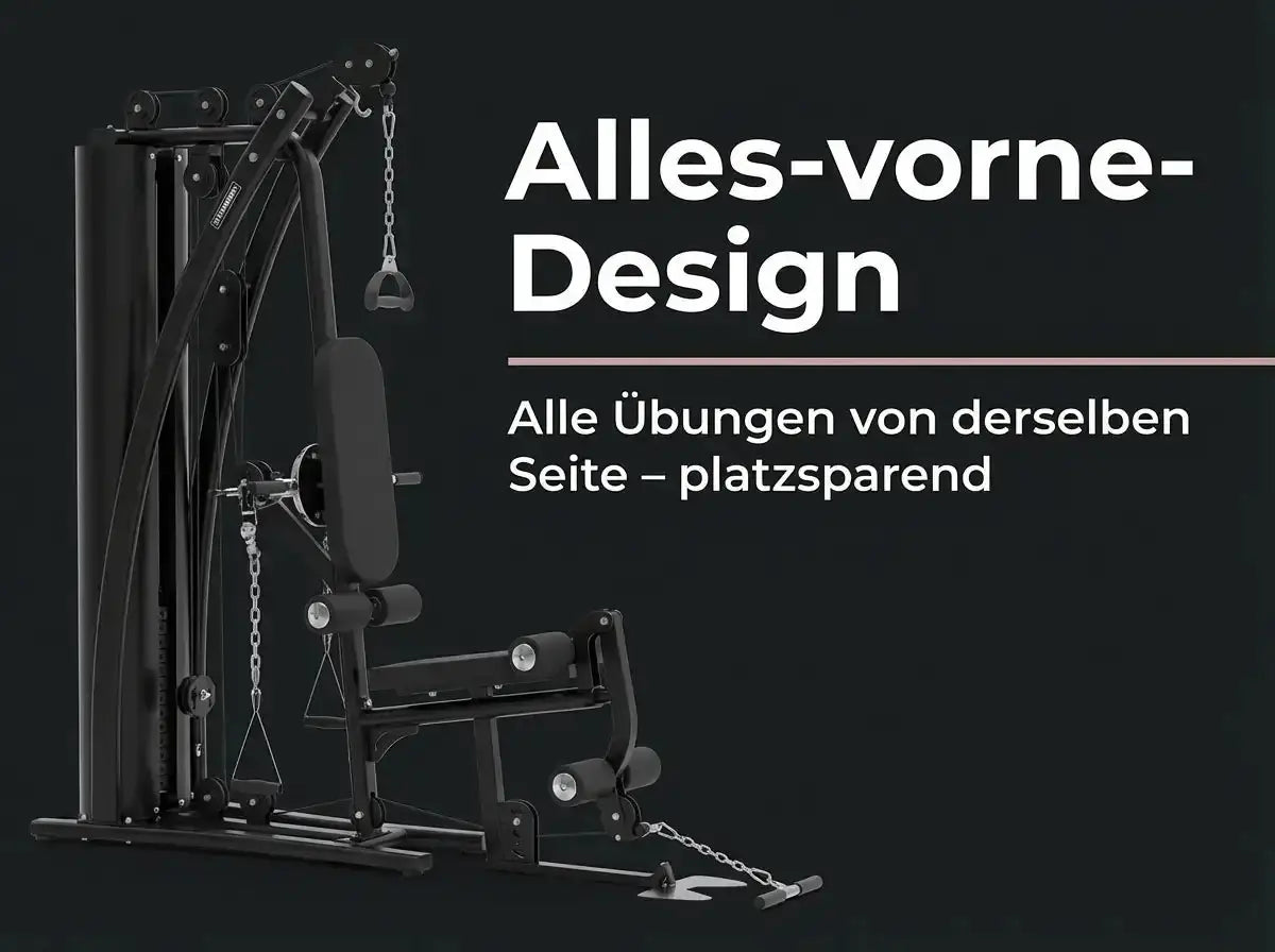 Titanium Strength Multigym MG3 als Infografik zum Design mit allen Übungen von vorn