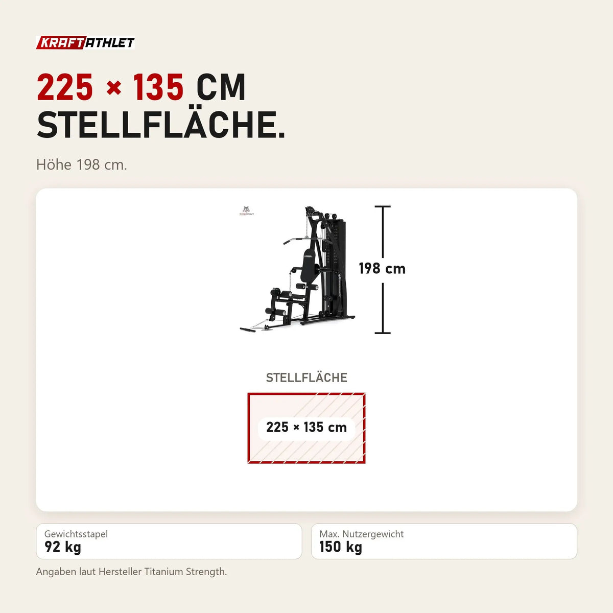 Maßbild Titanium Strength Multigym MG3: Stellfläche 225 × 135 cm, Höhe 198 cm
