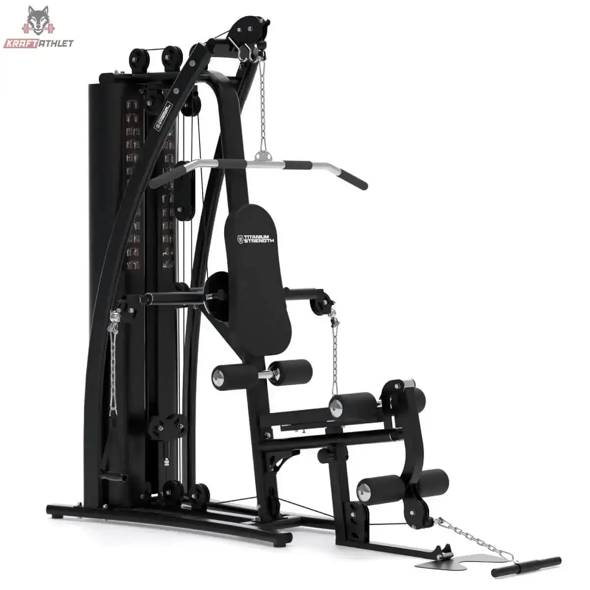Titanium Strength Multigym MG3 in Schrägansicht von rechts mit Gewichtsstapel und Kabelzügen