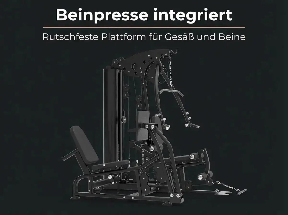 Titanium Strength Multigym MG3L mit Beinpresse auf dunkler Grafik zur integrierten Beinpresse