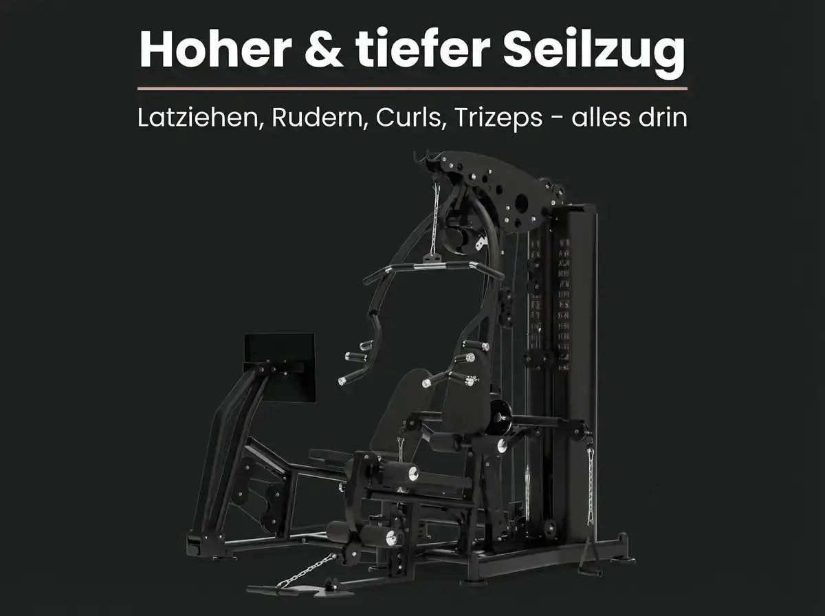 Titanium Strength Multigym MG3L mit Beinpresse auf dunkler Grafik zum hohen und tiefen Seilzug