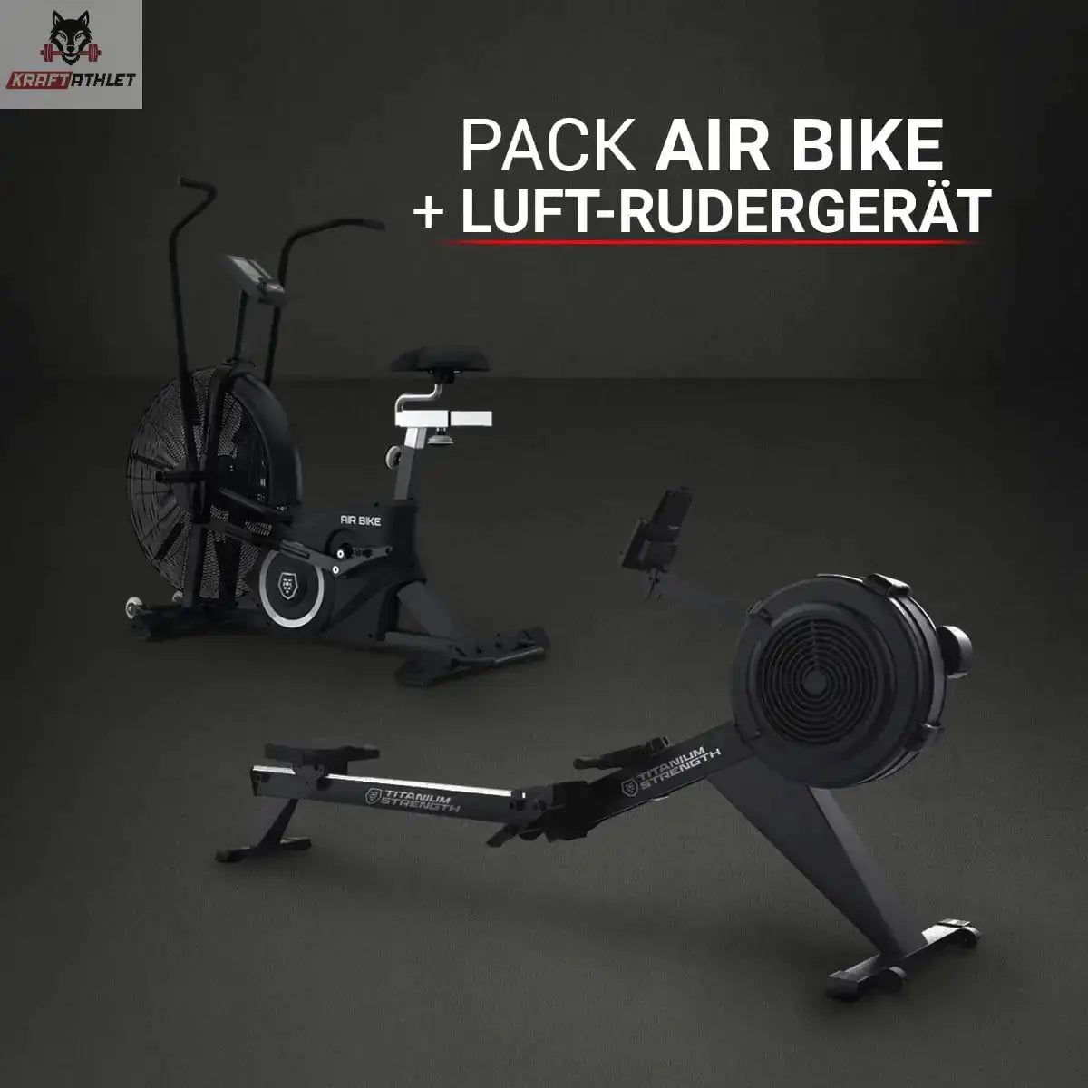 Titanium Strength Pack Air Bike + Luft-Rudergerät: beide Geräte auf dunklem Grund mit Titelgrafik