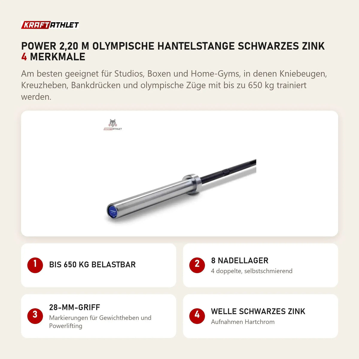 Titanium Strength Power 2,20 m Olympische Hantelstange Schwarzes Zink mit 4 Merkmalen: Bis 650 kg belastbar, 8 Nadellager, 28-mm-Griff, Welle schwarzes Zink