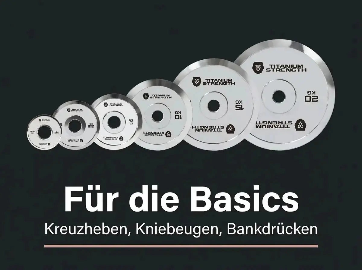 Titanium Strength Powerlifting-Hantelscheiben-Set 150 kg verchromt als Infografik zu Grundübungen wie Kreuzheben und Bankdrücken