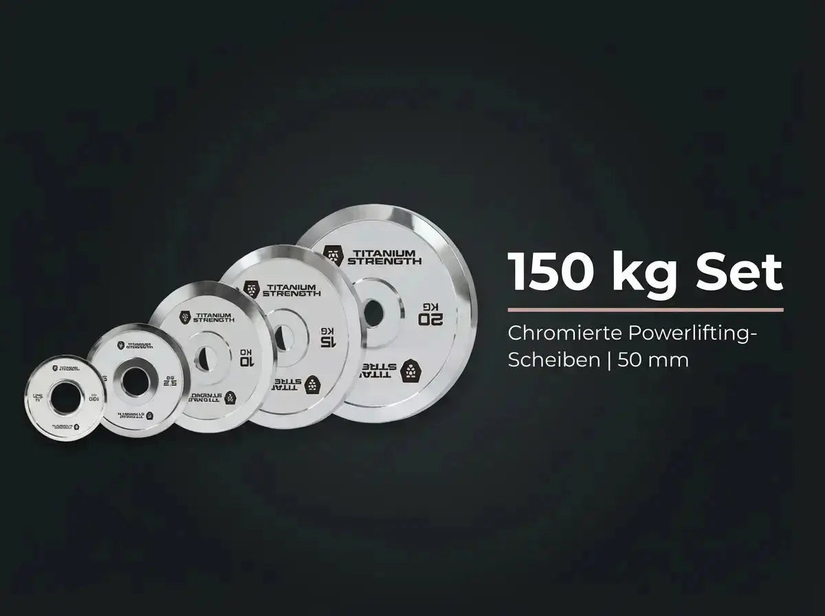 Titanium Strength Powerlifting-Hantelscheiben-Set 150 kg verchromt als Infografik mit Scheibenreihe auf dunklem Grund