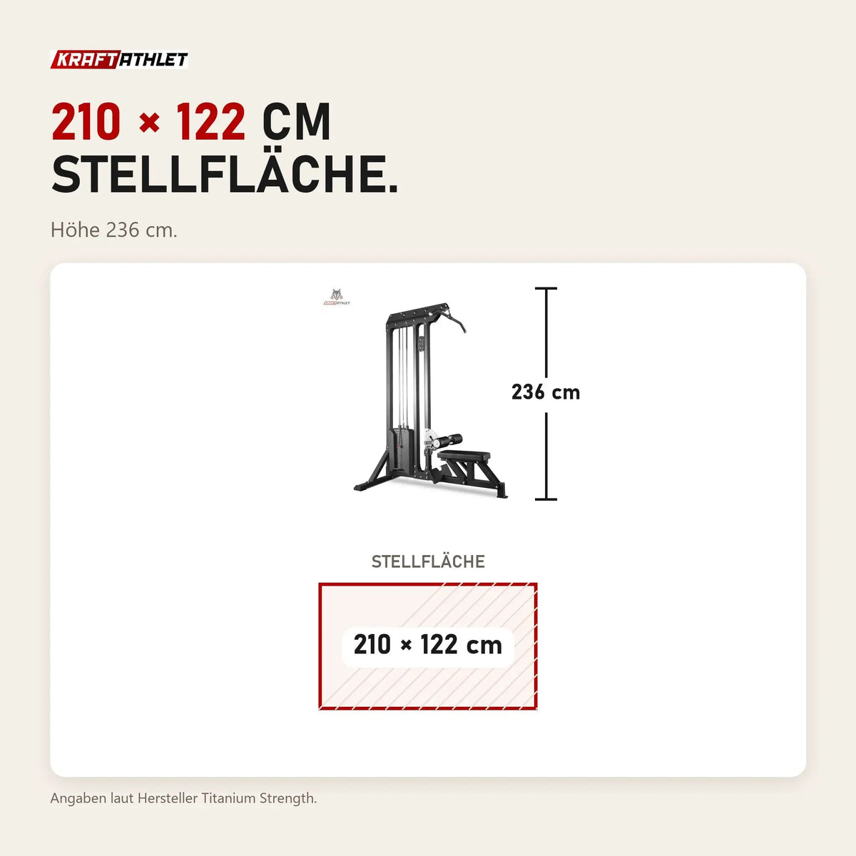 Maßbild Titanium Strength PR60 Dual Lat Pulldown & Low Row: Stellfläche 210 × 122 cm, Höhe 236 cm