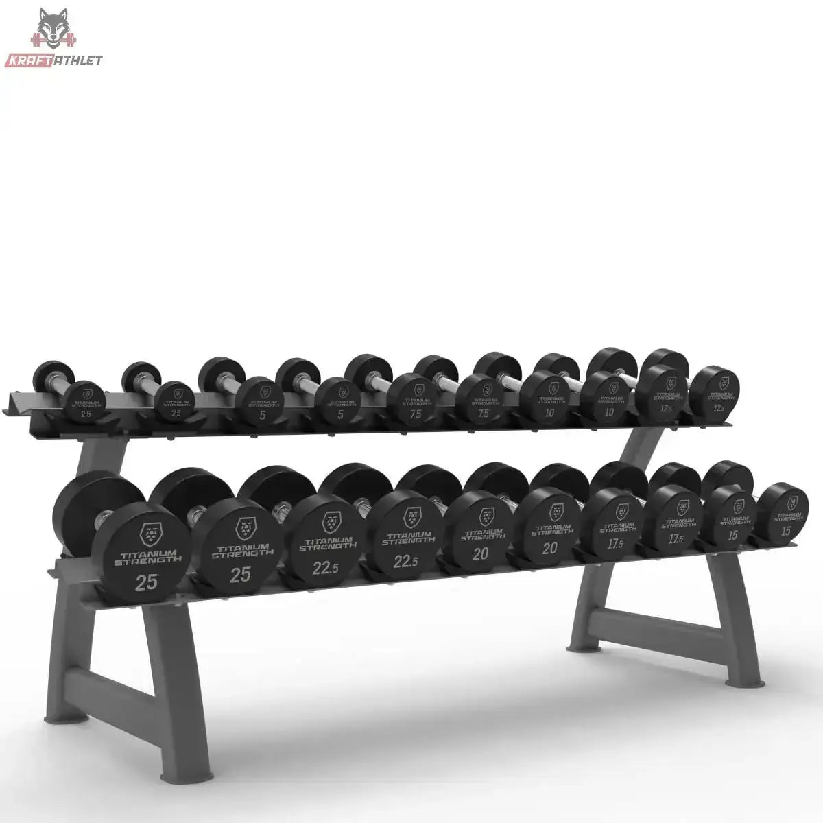 Titanium Strength Pro-PU-Kurzhantelset 2,5–25 kg mit Rack – Zweistöckiges Rack mit kompletter Hantelreihe