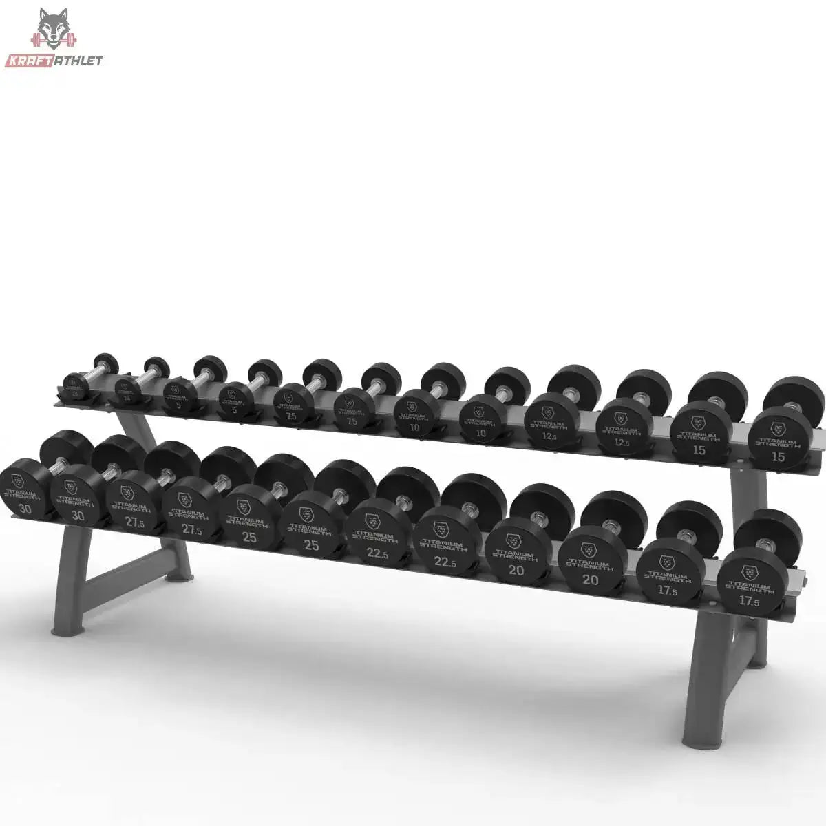 Titanium Strength Pro-PU-Kurzhantelset 2,5–30 kg mit Rack, Seitenansicht des zweistufigen Hantelständers mit allen Kurzhanteln