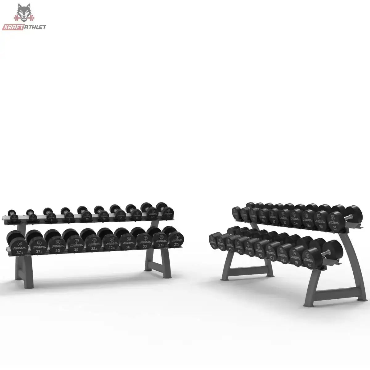 Titanium Strength Pro PU Rundhantel-Set 2,5–50 kg mit 2 Racks, Schrägansicht der zweistufigen Ablagen