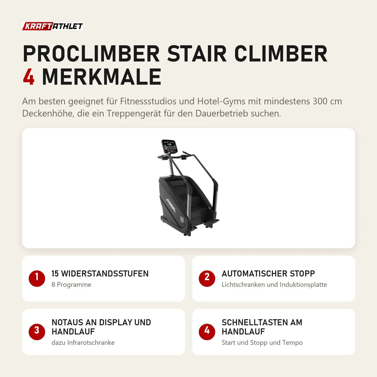 Titanium Strength ProClimber Stair Climber mit 4 Merkmalen: 15 Widerstandsstufen, Automatischer Stopp, Notaus an Display und Handlauf, Schnelltasten am Handlauf