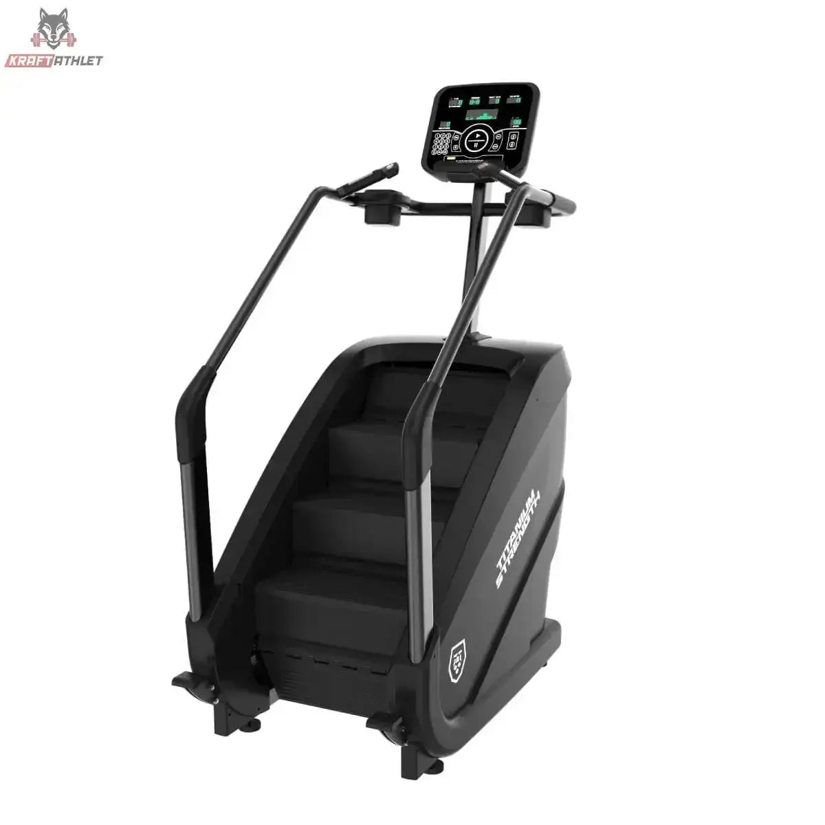 Titanium Strength ProClimber Stair Climber in Schwarz, Schrägansicht von rechts mit Konsole und Seitenverkleidung