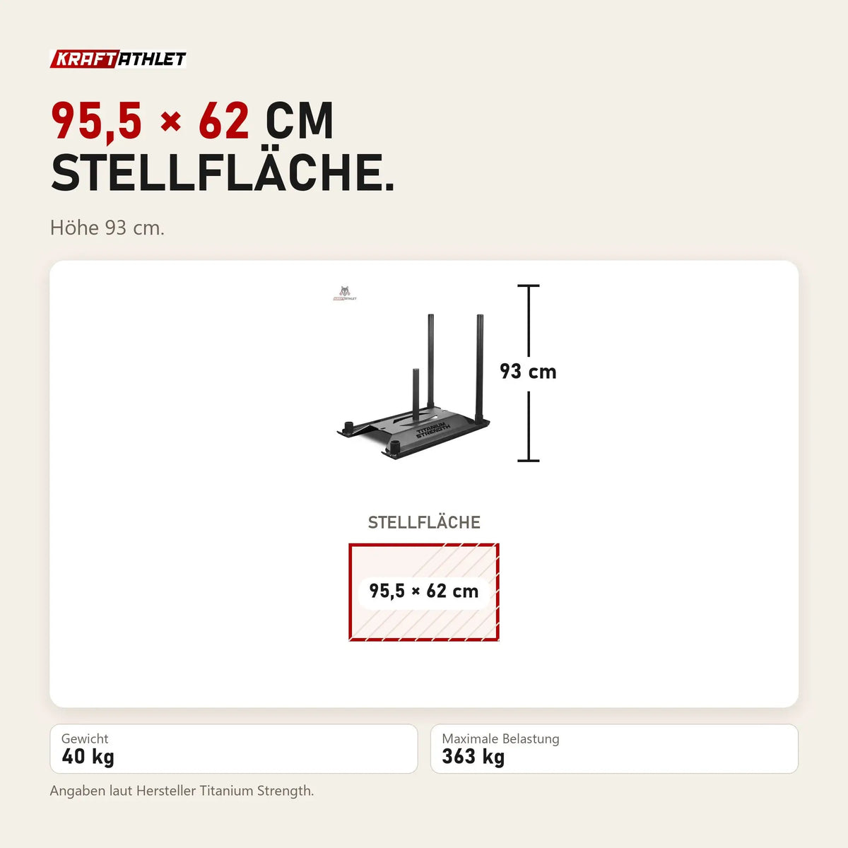 Maßbild Titanium Strength PS40 Premier Power Sled: Stellfläche 95,5 × 62 cm, Höhe 93 cm