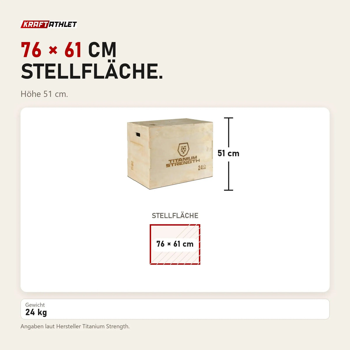 Maßbild Titanium Strength PWX Plyometrische Box aus Holz: Stellfläche 76 × 61 cm, Höhe 51 cm