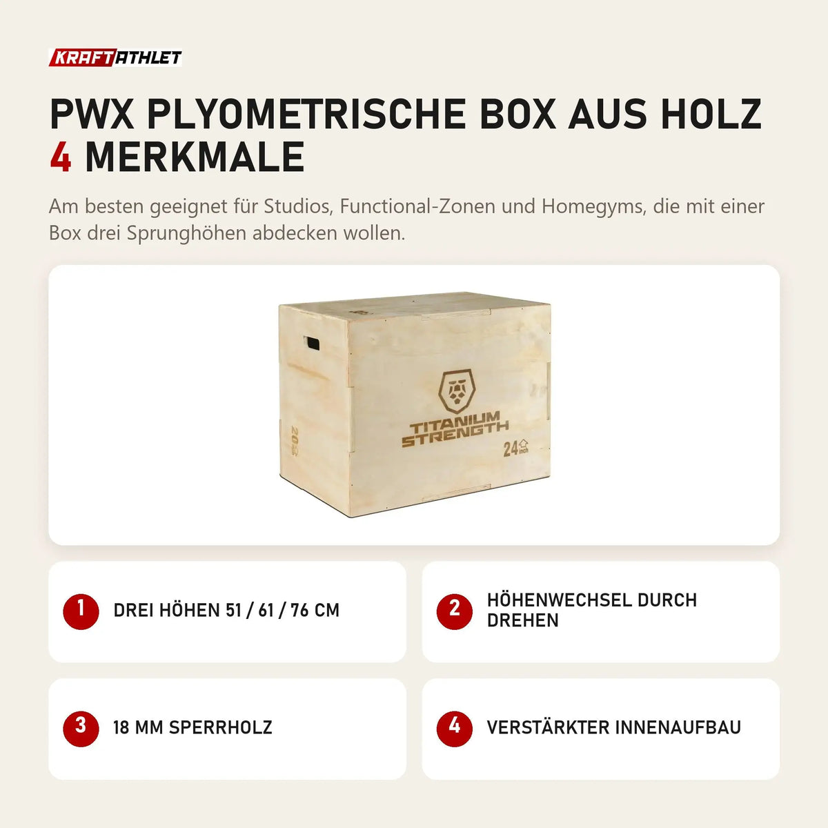 Titanium Strength PWX Plyometrische Box aus Holz mit 4 Merkmalen: Drei Höhen 51 / 61 / 76 cm, Höhenwechsel durch Drehen, 18 mm Sperrholz, Verstärkter Innenaufbau