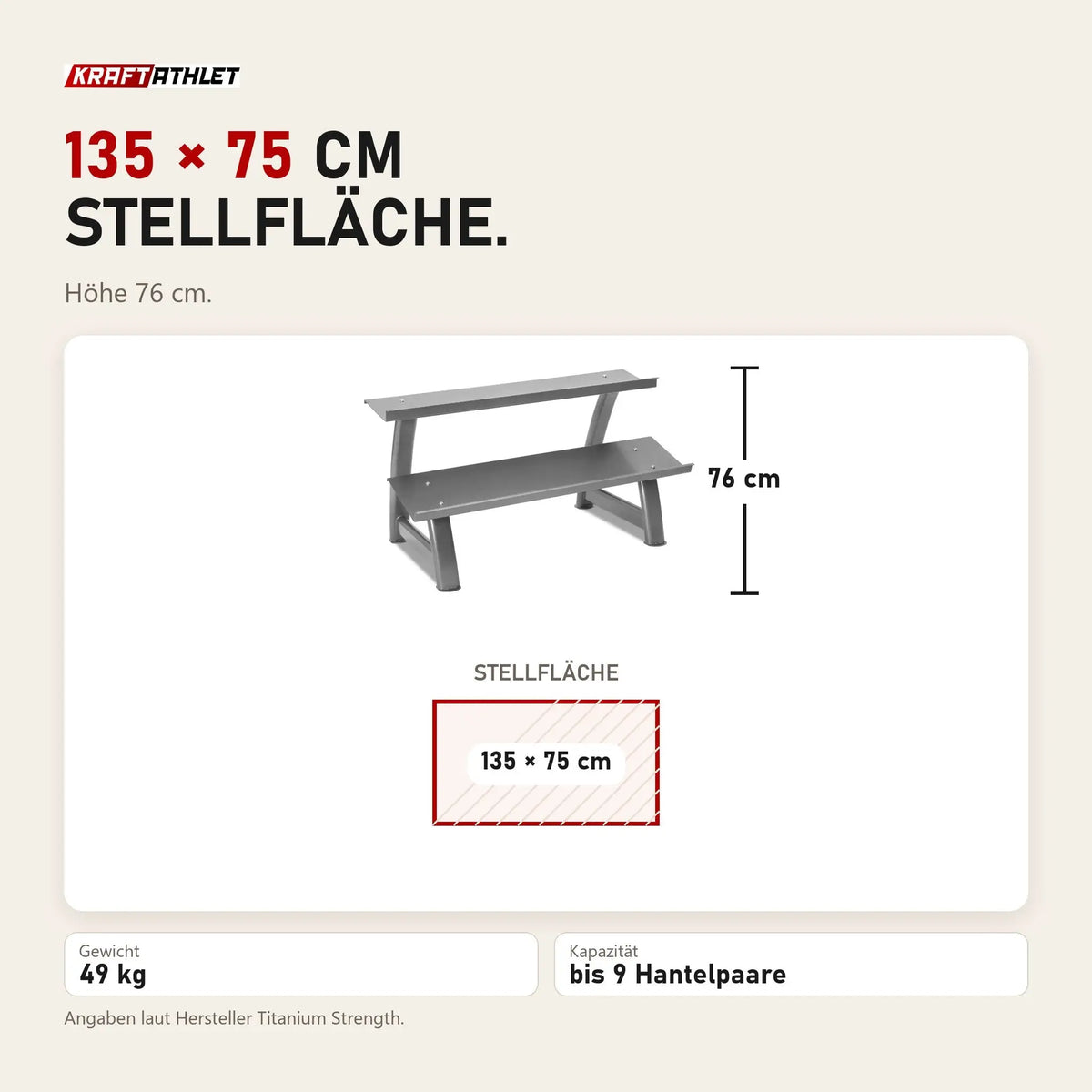 Maßbild Titanium Strength Rack mit 2 Höhen für Hex-Hanteln: Stellfläche 135 × 75 cm, Höhe 76 cm