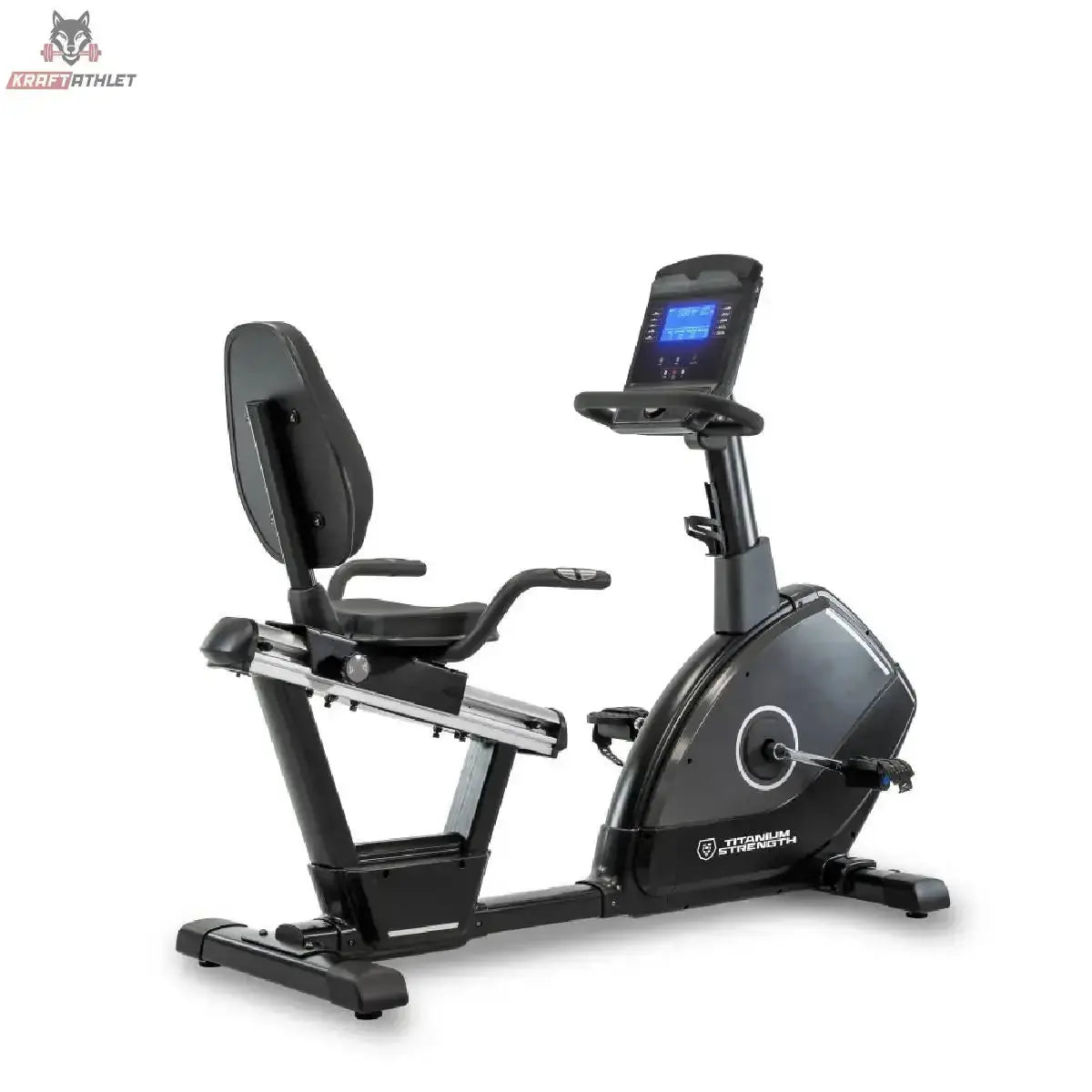 Titanium Strength RB900 LCD Liegeergometer Performance Series in Seitenansicht mit Sitz, Rückenlehne und Konsole